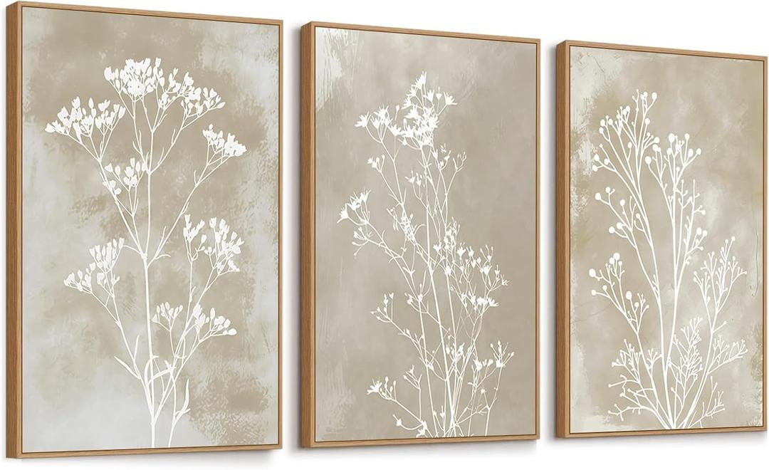 QICIFA Neutral Floral Framed Canvas Wall Art Set of 3, 16"x24" Large Boho Botanical Wall Decor, Minimalist Plant Wall Painting, Rustic Wildflower Artwork for Living Room Bedroom Farmhouse Office