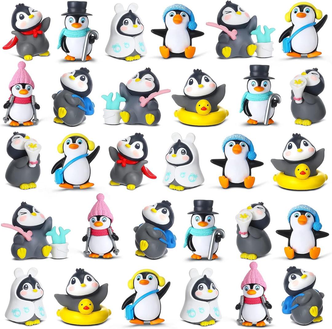Macarrie 30 Pcs Mini Penguin Figurines Collection Playset Cute Penguin Characters Toys Valentine Mini Cartoon Cake Topper Winter Figurines Cake Decoration for Boy Girl(Cute)