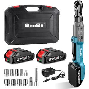 1/2" Cordless Electric Ratchet Wrench, 66Ft-lbs Battery Ratchet Wrench 21V Max, Brushless Motor, Variable Speed Trigger, 2x 2.0Ah Batteries & Charger, 8 Sockets, 1/4" & 3/8" Adapter, 3" Extension Bar