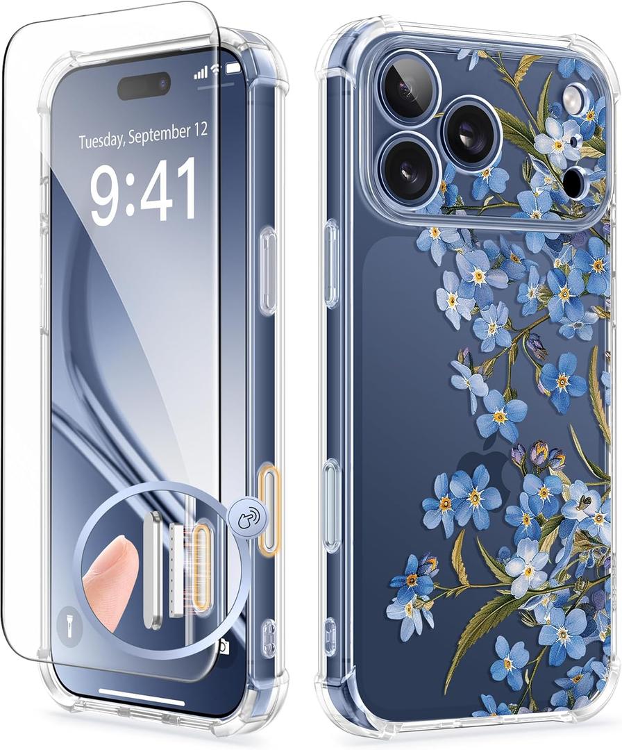 GVIEWIN for iPhone 17 Pro Case with Screen Protector, Upgraded [Full Camera Protection] [Non Yellowing] Floral Slim Shockproof Clear Women Phone Cover for iPhone 17 Pro 6.3" (Aconite/Blue)