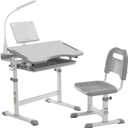 Diroan Kids Functional Desk and Chair Set, Ergonomic Height Adjustable Children School Study Desk with Tilt Desktop, Book Stand, LED Light, Metal Hook and Storage Drawer for Boys Girls(Grey) (Large)