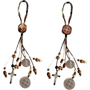 2PCS/Set Medalla De San Benito,Escapularios Wooden Beads Rosary St Benedict Medals for Door with Saint Benedict Cross Crucifix Catholic Gift Set for Car Hanging Charm Home Door Hanger Decor (2PCS Wood coffee)