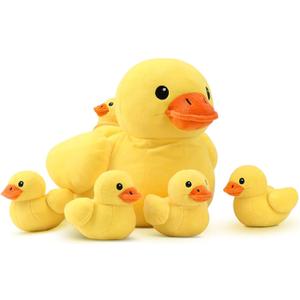 14" Yellow Duck Stuffed Animal with Babies, Ducky Plush Playset with Zipper Pocket, 5pcs Ducklings Toys Plushie Birthday Gift for Kids Boy Girl