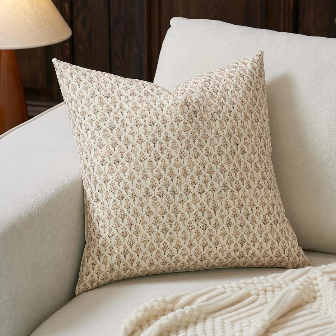 Floral Pillow Covers 20x20 Pillow Cover Block Print Couch Pillows for Living Room Decorative Neutral Accent Throw Pillow Covers, 1PC, Cognac Brown