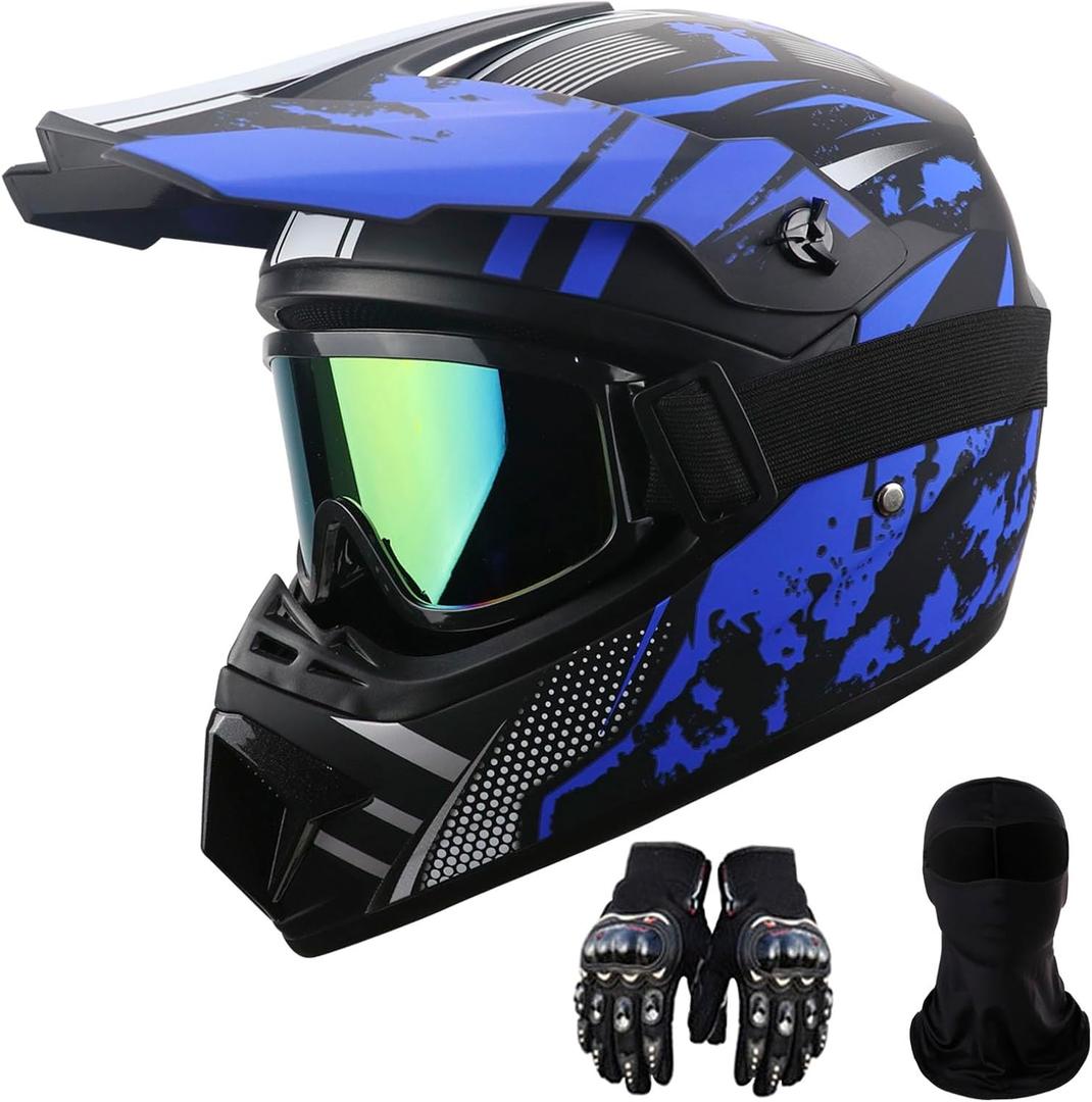Motorcycle Dirt Bike Helmet Full Face Motocross Helmets for Outdoor Sports Off Road Racing Mountain Bike Men Women Off-Road Helmet Gloves Goggles for Adult Youth DOT/FMVSS 218 Approve (X-Large, Dark Blue)