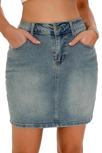 GUANYY Womens Mini Denim Skirt-Casual Stretch Slim Fit High Waisted Jean Skirts Classic Fade Medium : Clothing, Shoes & Jewelry