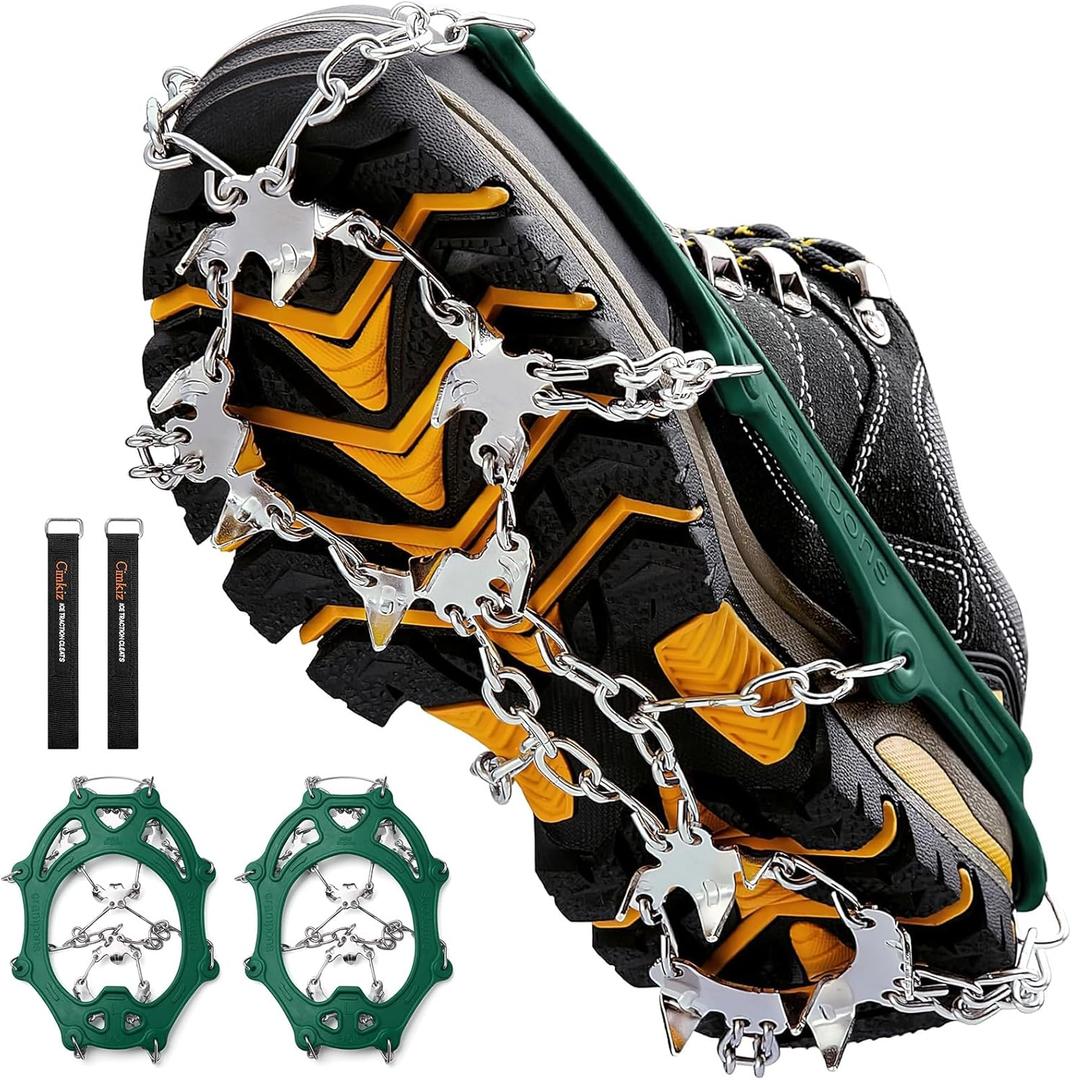 Cimkiz Crampons Ice Cleats Traction Snow Grips for Boots Shoes Women Men Anti Slip 19 Stainless Steel Spikes Safe Protect for Hiking Fishing Walking Climbing Mountaineering