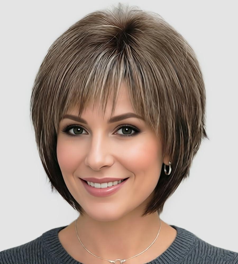 SEVENCOLORS Short Hair Wigs with Bangs Dark Brown Mixed Blonde Pixie Cut Wig for Women Straight Synthetic Fiber Wigs
