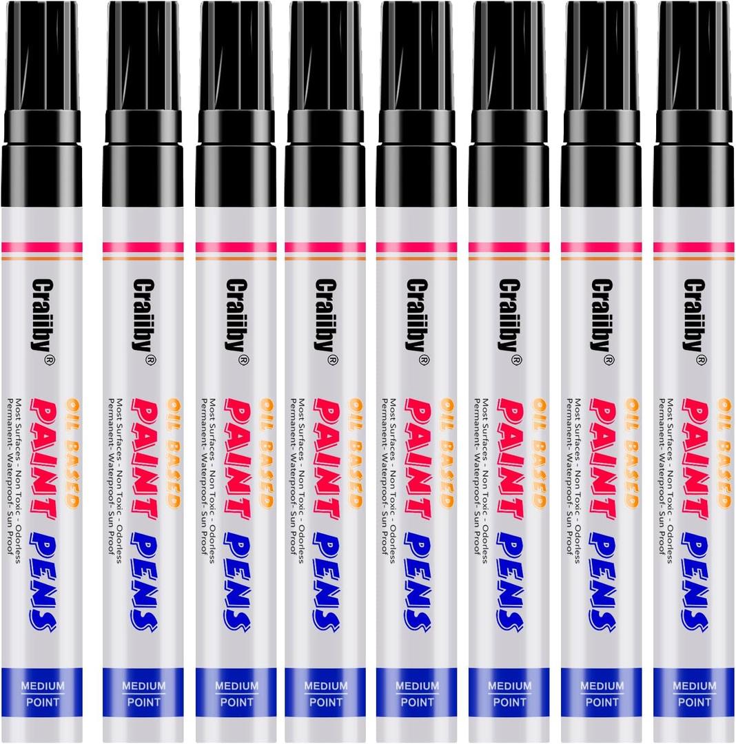 Black Paint Markers, 8 Pack Oil-Based Waterproof Quick Dry Permanent Paint Pen Set for Rocks Painting, Wood, Fabric, Plastic, Canvas, Glass, Mugs, Metal, Tire, Stone, DIY Craft
