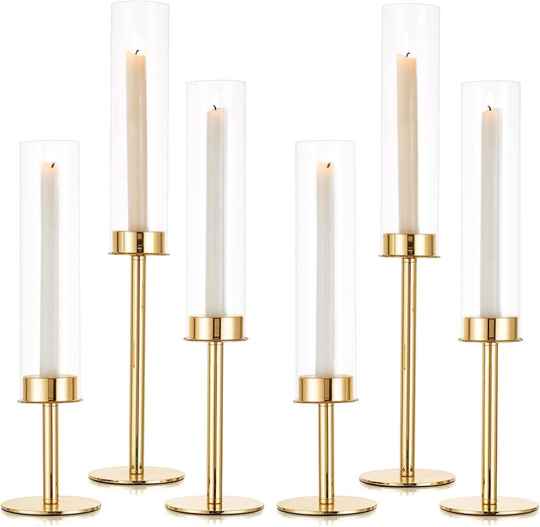 Sziqiqi Gold Taper Candle Holder: 6 Pcs Tall Candleholders - Hurricane Candle Sticks Holder for Wedding Christmas Party Table Centerpiece (2 Set(6pcs))