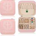 2 Pcs First Communion Travel Jewelry Box, Small Pink Case with Zipper & Soft Lining, Christian Keepsake Organizer for Rings Earrings Necklaces, Religious Keepsake Gift for Girls (2, Pink)