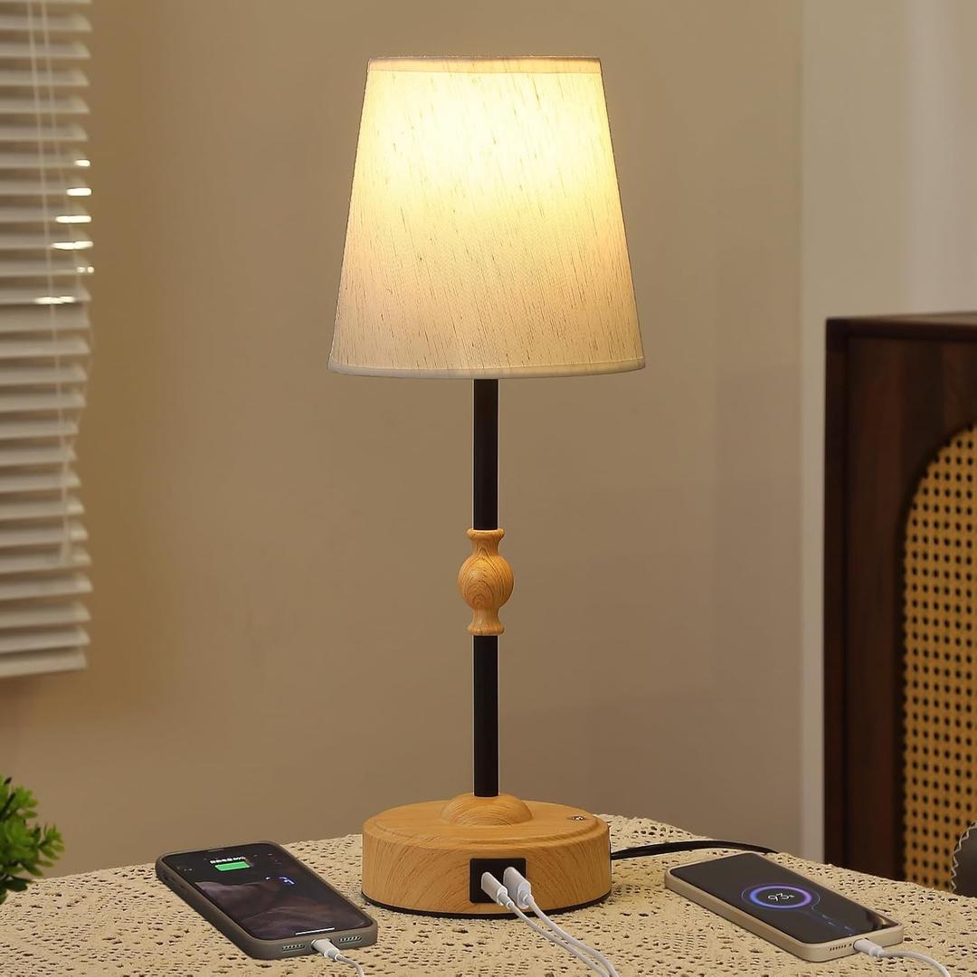 Bedside Table Lamp for Bedroom with 2 USB Charging Ports Minimalist Small Nightstand 3-Way Dimmable Touch Desk Lamp for Living Room Home Office Dorm,LED Bulb Included (wood grain-power)