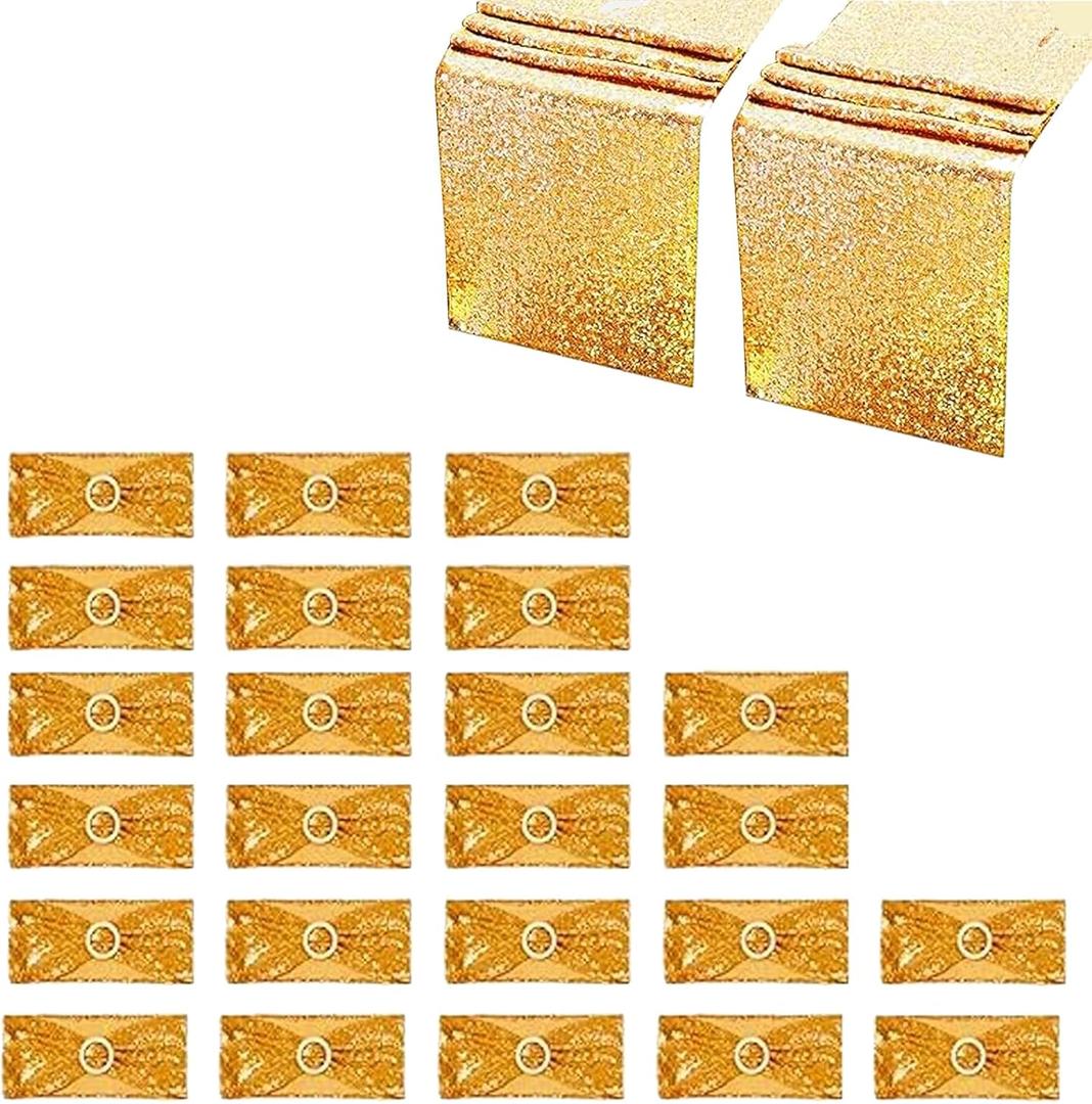 24 Pcs Gold Sequin Chair Sashes and 2 Pcs Sequin Table Runners Set Chair Slider Elastic Cover Bands with Bows Glitter Sashes for Party Wedding Banquet Holiday Decoration