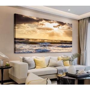 arteWOODS Sunset Sea Canvas Wall Art for Living Room Wall Decor, Ocean Waves Pictures Nature Prints Coastal Painting Artwork for Bedroom Office Home Decoration Ready to Hang 24" x 48"