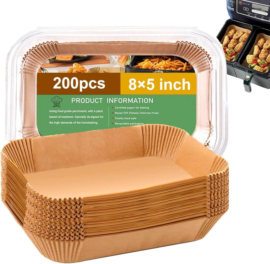 Rectangle Air Fryer Liners for 6 Quart Dual Basket, Ninja double Dual Liners Disposable, 200Pcs Rectangular Parchment Paper Liner for COSORI 9Qt Double Air Fryer with 2 Baskets (8x 5''Rectangle)