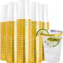 FOCUSLINE 200 Pack 12 oz Gold Rimmed Plastic Cups, Clear Plastic Cups Tumblers, Heavy-duty & Fancy Disposable Hard Cup 12 Ounce with Gold Rim for Wedding Cup Elegant Party Cups, 200 Count