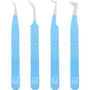 M LASH Tweezers for Eyelash Extensions (Set of 4) - Professional Lash Extension Tweezers - Fiber Tip, Japanese Steel, Diamond Grip Eyelash Extension Tweezer set (Teal)