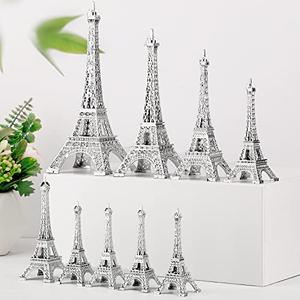 Hotop 8 Pcs Eiffel Tower Statue Decor Alloy Metal Paris Py Decoration 5 Size French Table Stand Holder Gift for Cake Topper Collectible Figurine Replica Home (Silver)