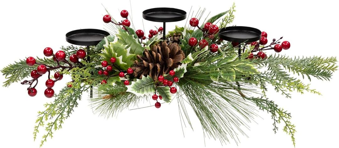 Northlight Holly and Berries Christmas Pillar Candle Holder with Pine Cones - 28"