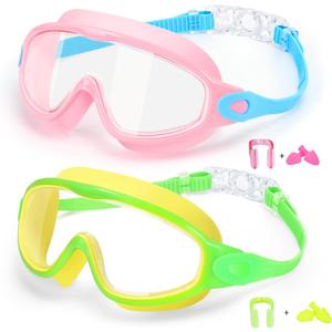 EverSport 2 Pack Kids Swimming Goggles, Anti-fog Swim Goggles for Toddler Girls Boys 3-15 (Pink & Yellow Green)