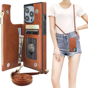 Bocasal Crossbody Wallet Case for iPhone 14 Pro with RFID Blocking Card Slot Holder, Magnetic Flip Folio Purse Case, PU Leather Zipper Handbag with Detachable Lanyard Strap 6.1 Inch 5G (Brown)