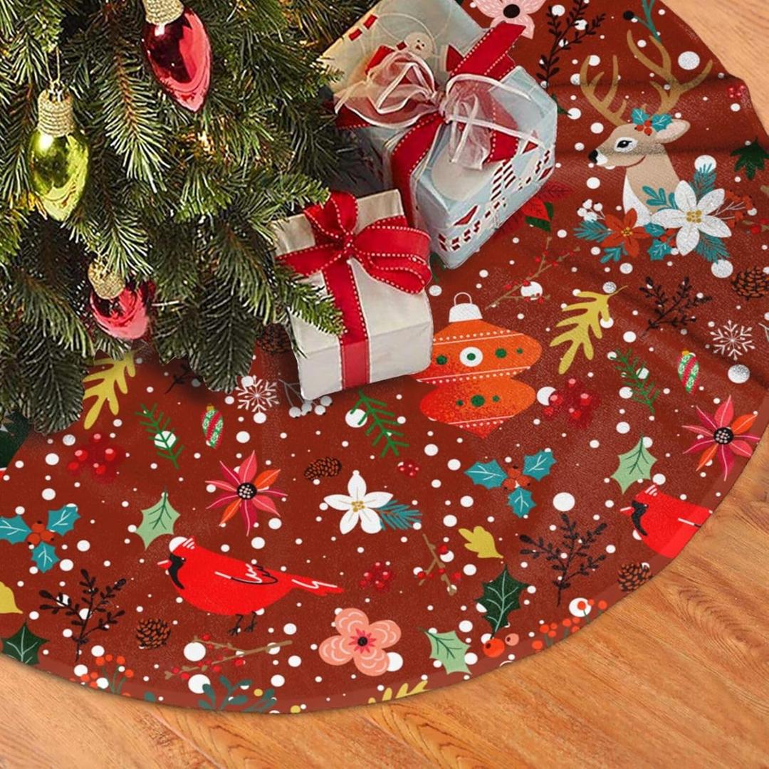 Red Vintage Christmas Tree Skirt, 30 inches Retro Christmas Animal Deer Balls Tree Skirts Santa Northern Cardinal Xmas Mat Farmhouse Holiday Party New Year Supplies Ornaments Decorations
