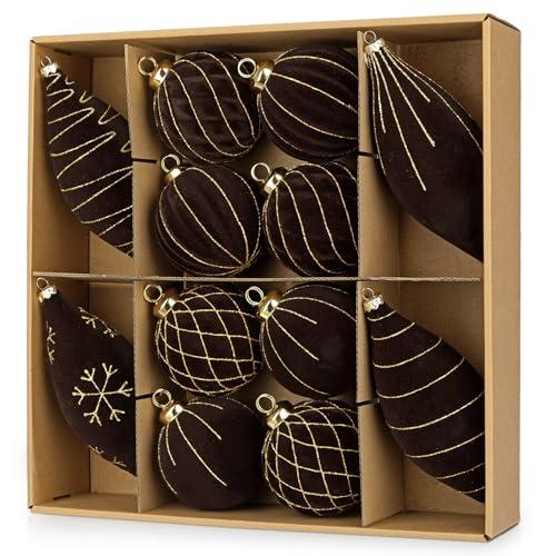 12PCS Velvet Christmas Ornaments Balls 3.15/6.6 Inch Flocked Ornament Sets Glitter Balls for Xmas Hanging Ornaments Decoration Wedding Party Holiday Decor - Chocolate Brown