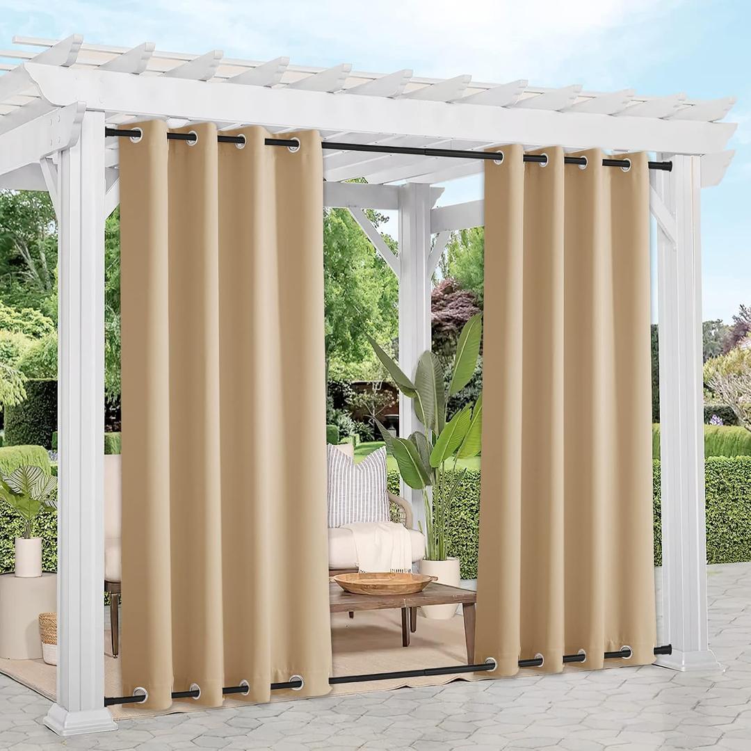NICETOWN Weighted Outdoor Curtains for Patio Waterproof 84 inches Long 2 Panels, Windproof Drapes Top & Bottom Grommets, Thermal Insulated Blinds Keep Privacy for Yard/Porch, Biscotti Beige, 52" Wide