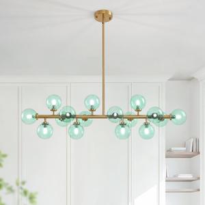 Mid Century Modern Gold Chandelier with Green Glass Rectangle Pendant Fixtures Linear Sputnik Chandeliers for Kitchen Island Dining Room Over Table, 16 Lights