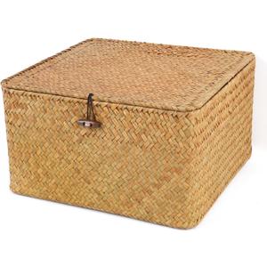Moosky Wicker Shelf Baskets with Lid, Handwoven Seagrass Storage Basket Bins Square Gift Boxes for Shelves Home Decor Organizer (Natural, Large)