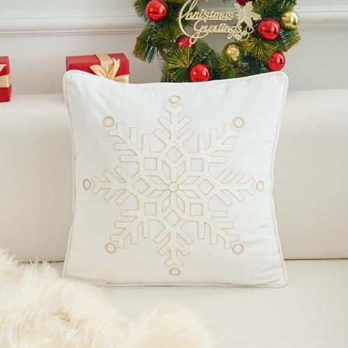 HOMFREEST Christmas Pillow Covers 18x18 Inch Snowflakes Embroidered Decorative Throw Pillowcases White Xmax Winter Holiday Velvet Cushion Cases for Home Decorations