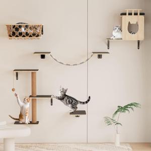 5-in-1 Cat Wall Shelves Set with Hammock, Wall-Mounted Cat Furniture Includes Condo, Bridge, Ladder & Steps for Indoor Cats, Safe & Stable (Gray)