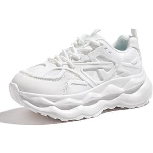 LUCKY STEP Women 's Chunky Sneakers 90s Fashion Thick Dad Rave Platform Casual Running Walking Shoes (White KPU, 8.5 US)