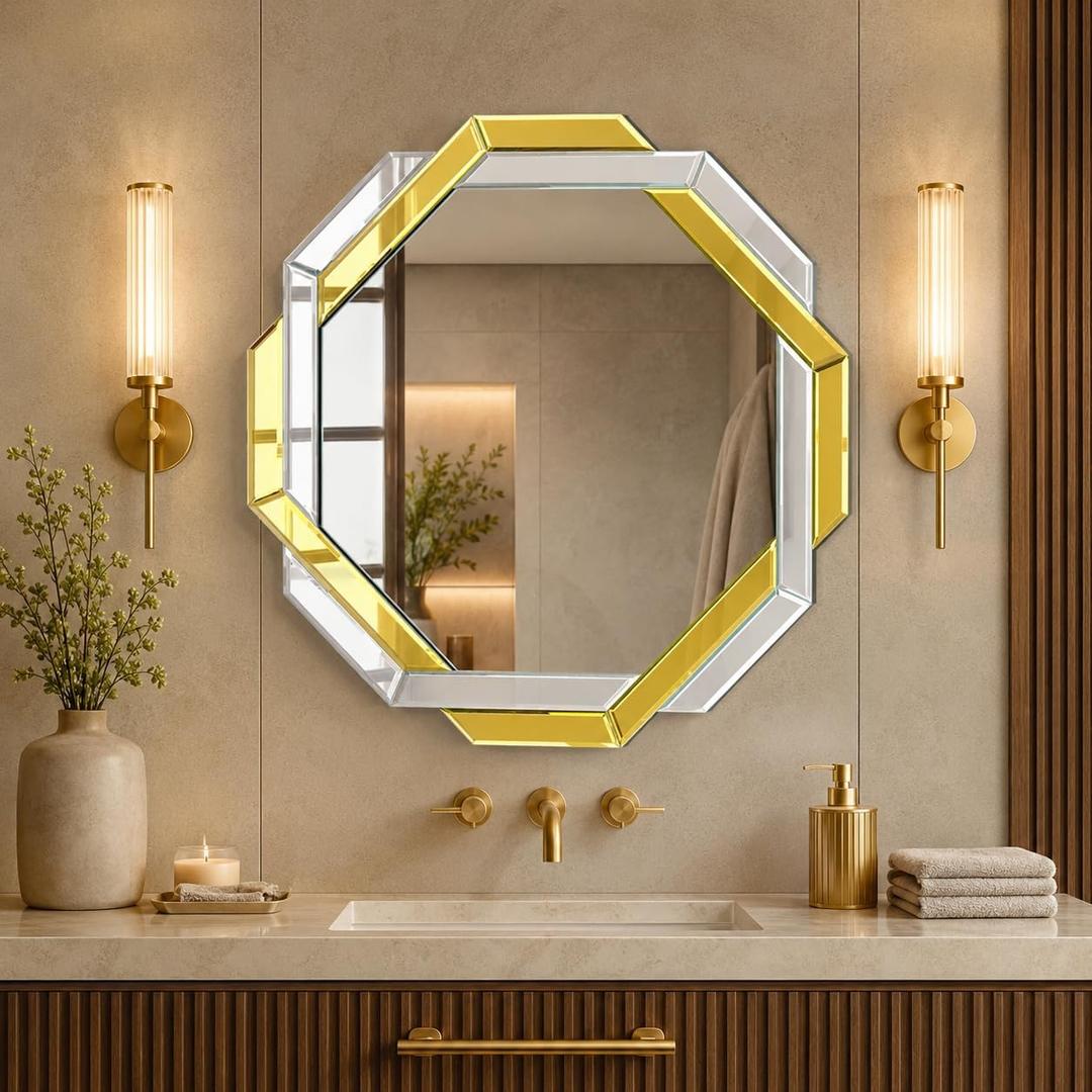 Bathroom Mirror Gold-28X28 Wall Mirrors Decorative, Beveled Edge Frameless Mirror for Wall Bathroom, Vanity Room, Bedroom, Living Room and Enterway