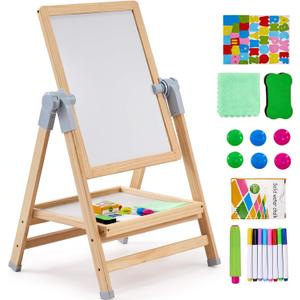VEVOR Art Easel for Kids, 2-in-1 Wooden Double-Sided Kid's Art Easel with Magnetic Whiteboard & Chalkboard, Adjustable Standing Rotatable Foldable Drawing Board with Painting Accessories for Boy Girl
