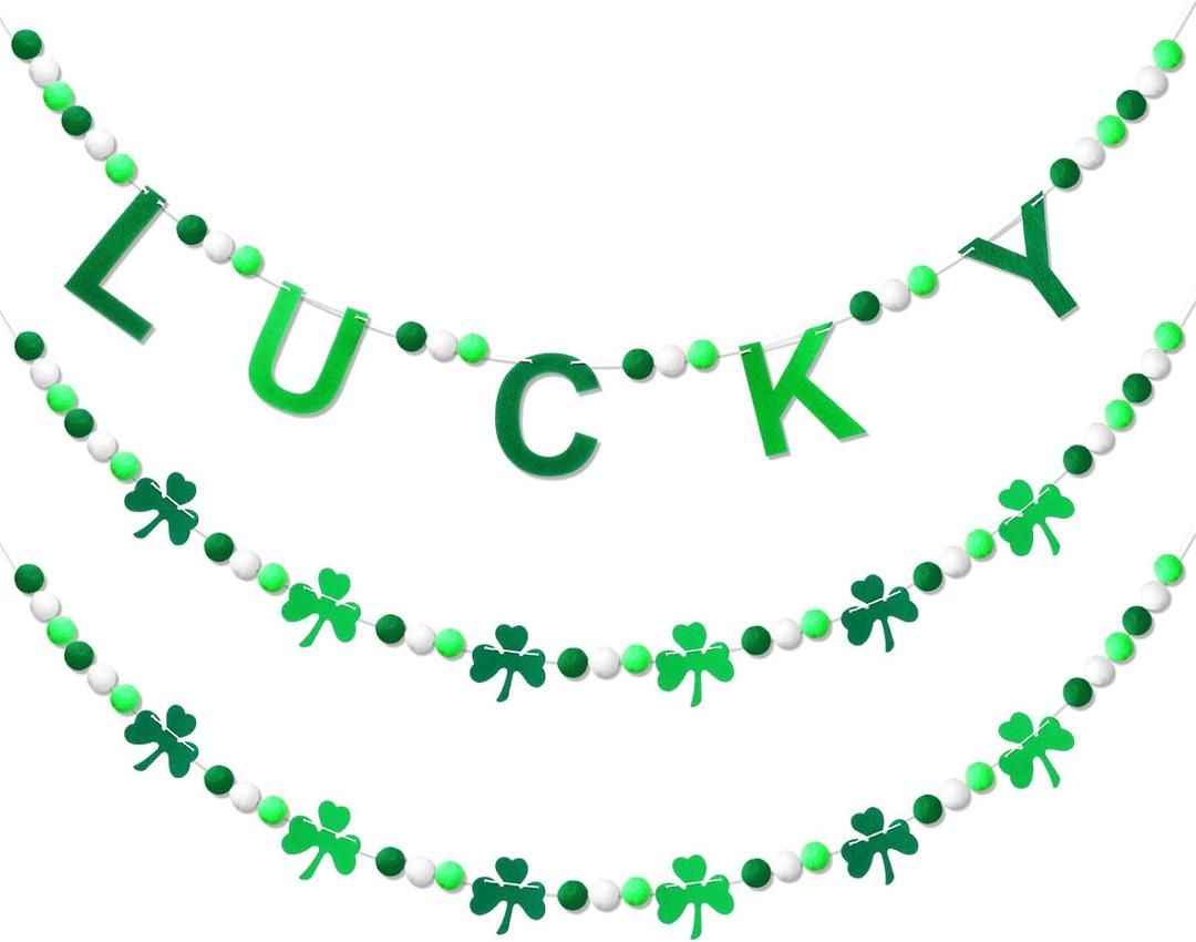 Breling 3 Pieces St. Patrick's Day Pompom Garland 10ft Lucky Felt Ball Garland Shamrock Decorations Banner for Mantle Fireplace Room St Patrick's Party Hanging Decor