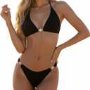 LIZENS Women's Sexy Thong Bottom Two Piece Bikini Cute Swimsuit Triangle Bathing Suit (Black, XS)