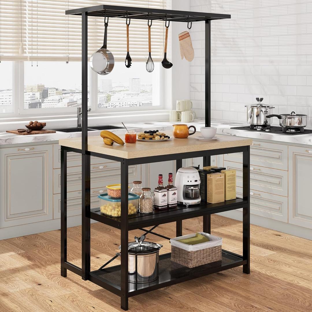 kitchen Island, Bakers Rack, Island Table for Kitchen,3 Tier Microwave Stand Oven Shelf with Storage, Storage Shelf for Kitchen Dining Room Living Room,5 Hooks (Pear Wood and White, 43.7*27.9*72)