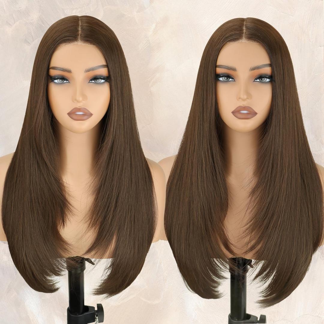 NOSTALGIA Brown Wear and Go Glueless Wigs Pre Plucked Pre Cut for Beginners Synthetic Lace Front Wigs For Woman Long Layered Straight 3 Seconds to Wear (24 Inch)