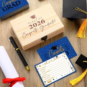 Resurhang 60 Pcs Blue Graduation Wooden Card Box 2026 Graduation Advice and Wishes Cards with Pen Class of 2026 Gifts for the Graduate Grad Party Decorations High School College