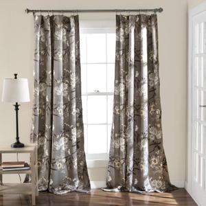 Lush Decor Botanical Garden Curtains Floral Bird Print Light Filtering Window Panel Drapes Set for Living, Dining, Bedroom (Pair), Gray, 52"W x 84L" (Grey)