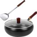 Suntuup Japanese Iron Pan, 11.02 Inch Uncoated Thick Iron Pot Hand-Forged Non-Stick Flat Bottom Pan with Glass Lid and Shovel for Induction, Electric, Gas