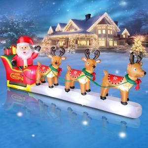 12FT Long Christmas Inflatables Santa Claus on Sleigh with 3 Reindeer Yard Decoration, Cute Blow Up Santa Xmas Decor with Bright LED Lights for Outdoor Garden Lawn Home Holiday Party 