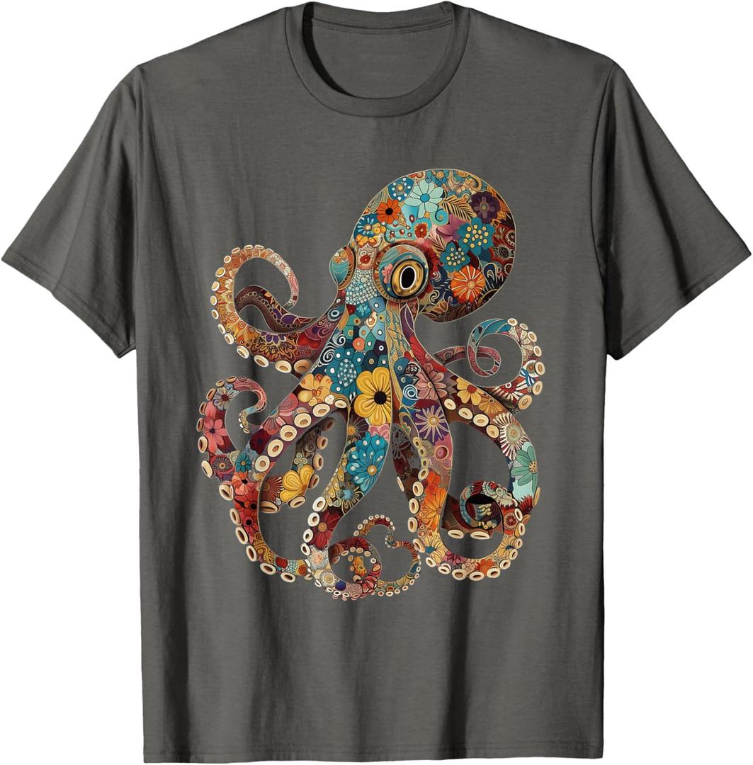 Octopus Floral Vintage Flowers Squid Kraken Scuba Diving T-Shirt, XL