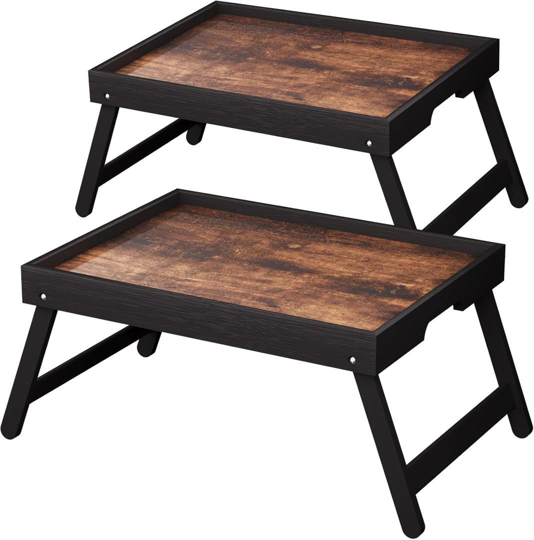 Fibogollo 2 Pack Wooden Bed Tray Table with Folding Legs,Breakfast Trays,Serving Tray for Food and Snack,Laptop Trays for Working