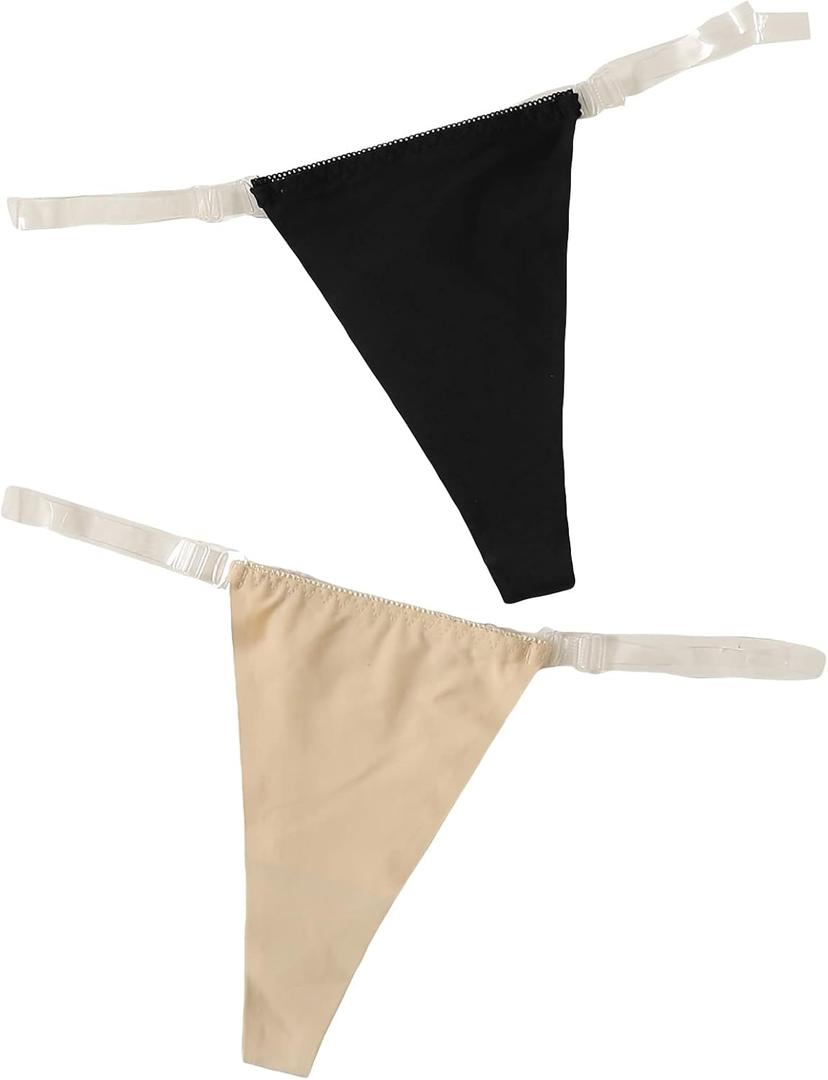 GORGLITTER Women's 2 Piece Clear Strap Thong Invisible G String No Show Underwear Panties (Black)
