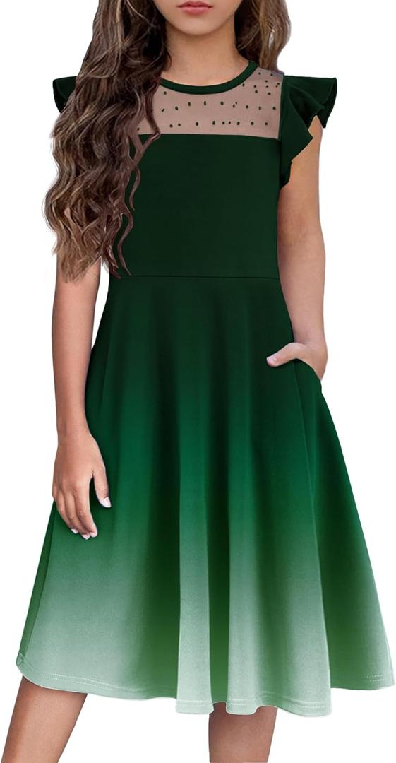 Flypigs Girls Dresses Summer Formal Party Wedding Ruffle Sleeve Mesh Knee Length A Line Dress with Pockets (11-12 Years)