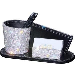 KEYPOWER Pen Pencil Holder Business Name Cards Decorative Bling Crystal Rhinestone PU Leather Gift for Women Girls (White)