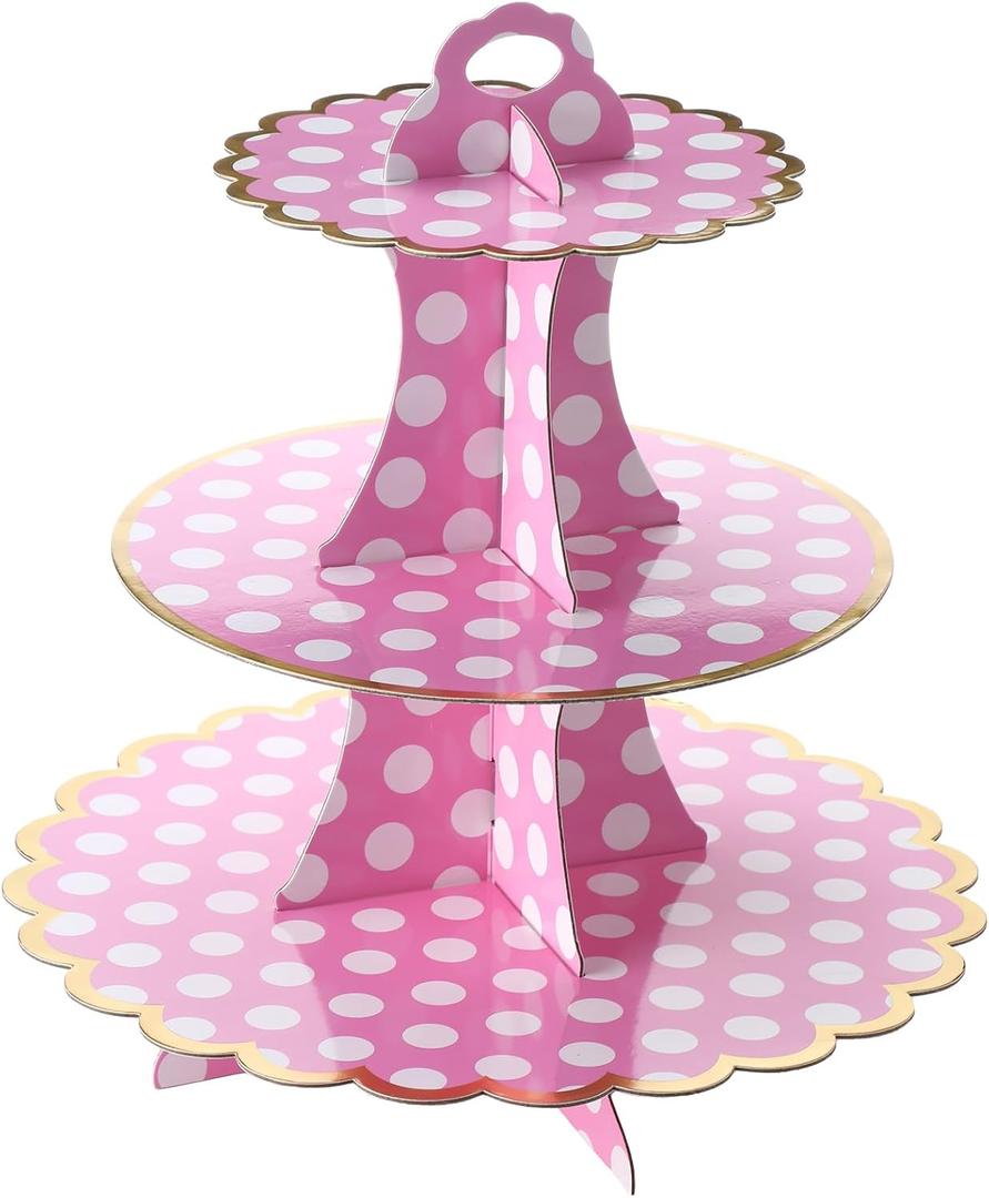 Honeydak 3 Tier Pink Polka Dot Party Cupcake Stand Decorations Pink and White Dots Theme Cupcake Holder Decorations Dessert Tower for Mouse Party Birthday Supplies