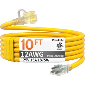 12awg 10 FT Heavy Duty Outdoor Extension Cord Waterproof with Lighted End, 12 Gauge Extension Cord Flexible and Cold Resistant 3 Prong Grounded Plug,Yellow 15Amp 1875W SJTW ETL Listed